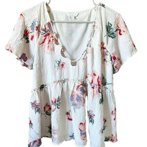 Lucky Brand Babydoll Textured Floral Feminine Short Sleeve Top M